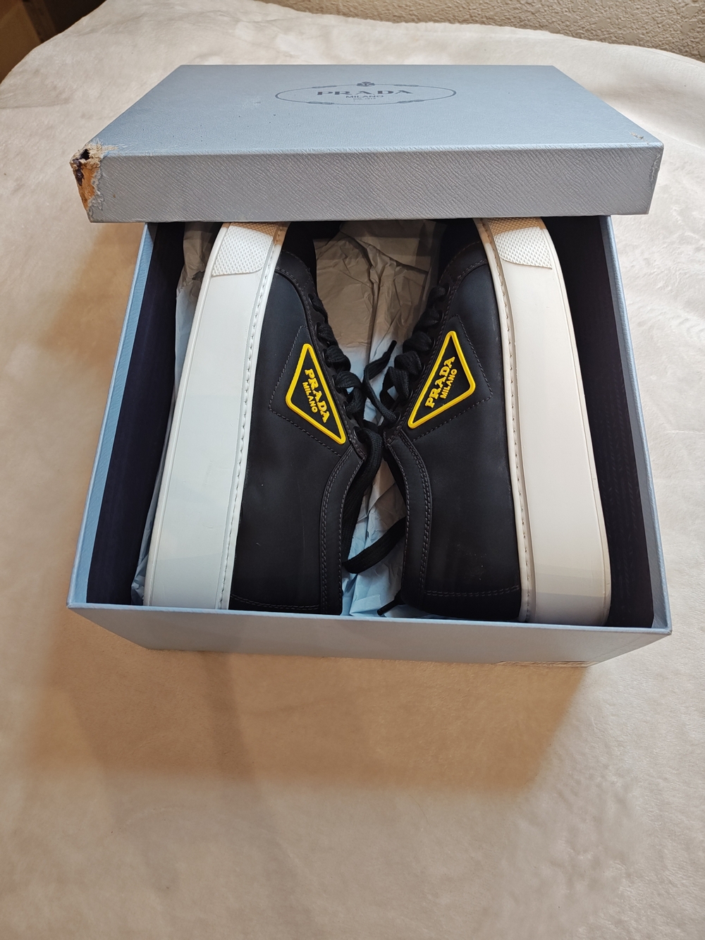 Prada Black Sneakers with White Soles and Yellow Logo